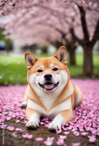 Shiba Inu lying under a blooming cherry blossom tree with petals gently falling like a soft pink rain. photo