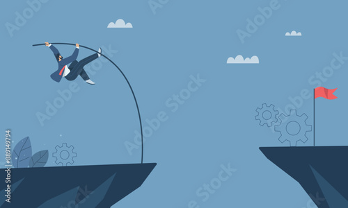 Overcoming difficulties, Overcome great obstacles, Challenges to achieve business goals, Step up to growth, Businessman pole vault over cliff gaps to success. Vector design illustration.