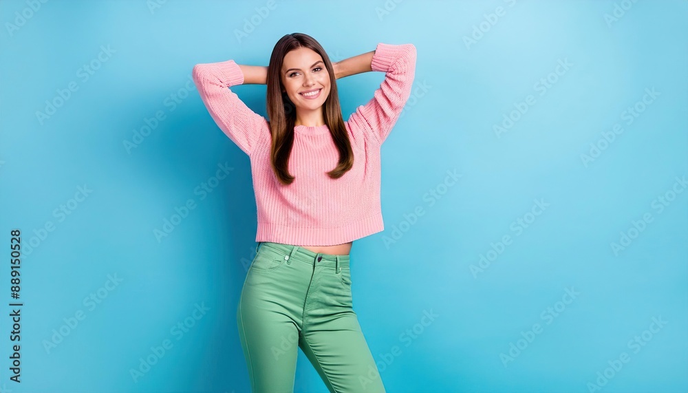 adorable gorgeous girl wear pink knit top green trousers hold arms behind head adorable gorgeous girl wear pink knit top green trousers hold arms behind head