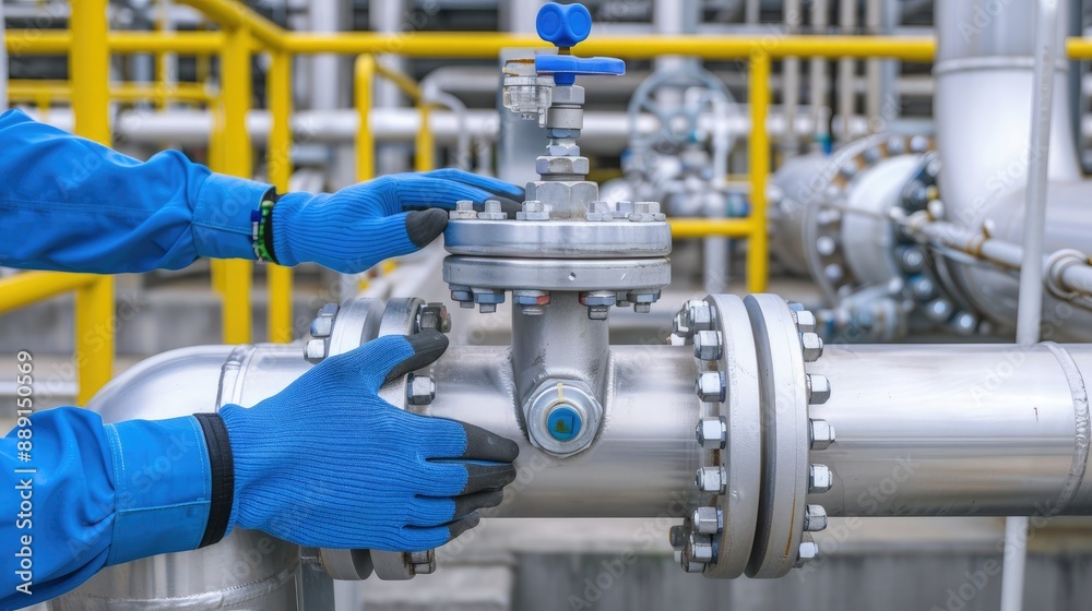 Industrial Worker Examining Pipework at a Refinery Industrial Worker Examining Pipework at a Refinery
