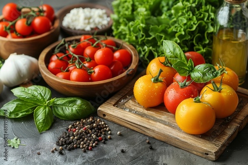 Red tomatoes surrounded by other vegetables on a wooden board. Generative AI