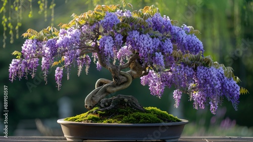 Majestic wisteria bonsai tree with cascading purple flowers in a peaceful garden photo