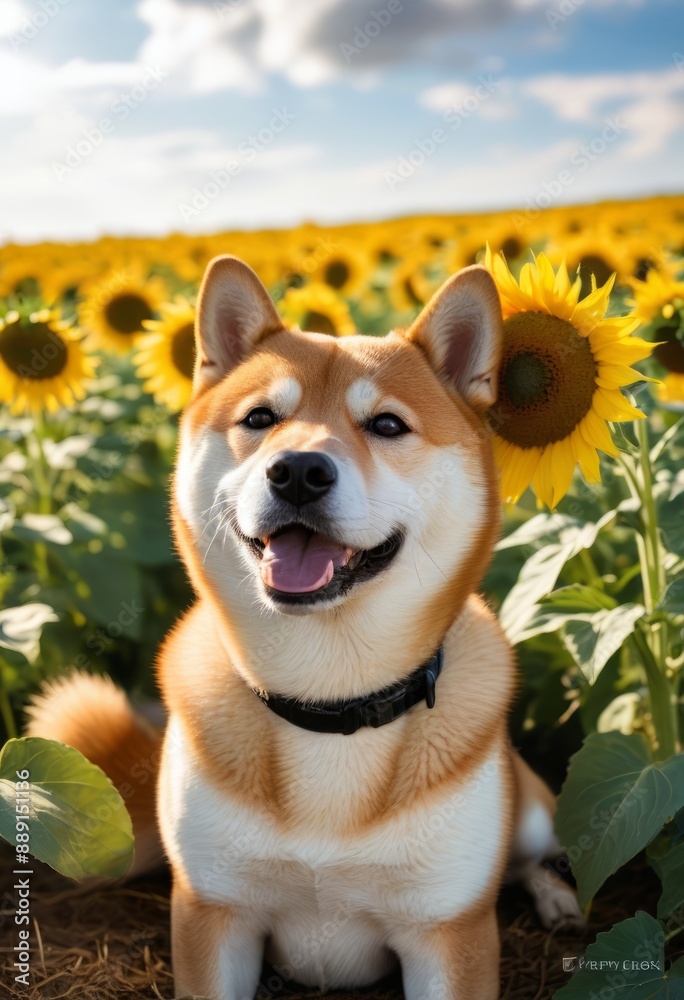 Shiba Inu lying in a field of sunflowers under a bright summer sky, with bees buzzing around.