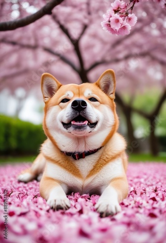 Shiba Inu lying under a blooming cherry blossom tree with petals gently falling like a soft pink rain. photo