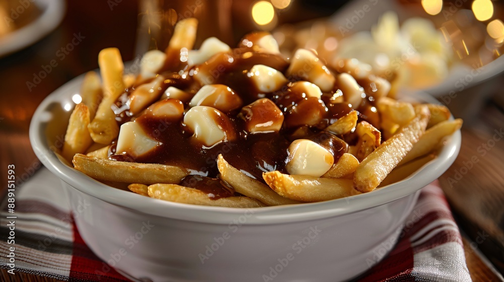 French fries with sauce and nuts on a wooden table, closeup. French fries with sauce and nuts on a wooden table, closeup.