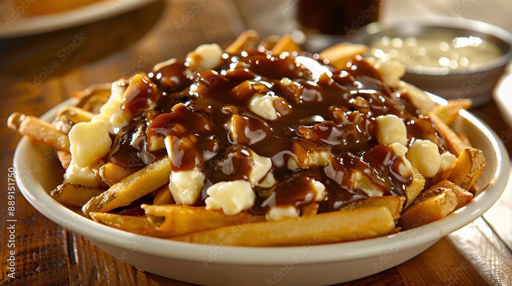 French fries with sauce and nuts on a wooden table, closeup. French fries with sauce and nuts on a wooden table, closeup.