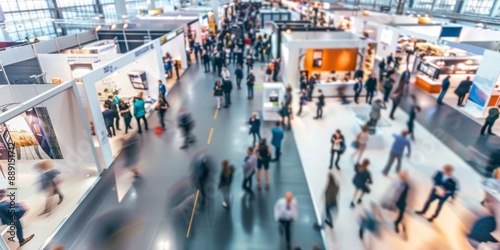 Abstract Blurred Focus of Trade Show Event with Business Conference, Exhibition, Job Fair, and Tech Expo. AI-Generated 4K High-Quality Wallpaper Depicting Busy Exhibition Hall with Blurred Individuals