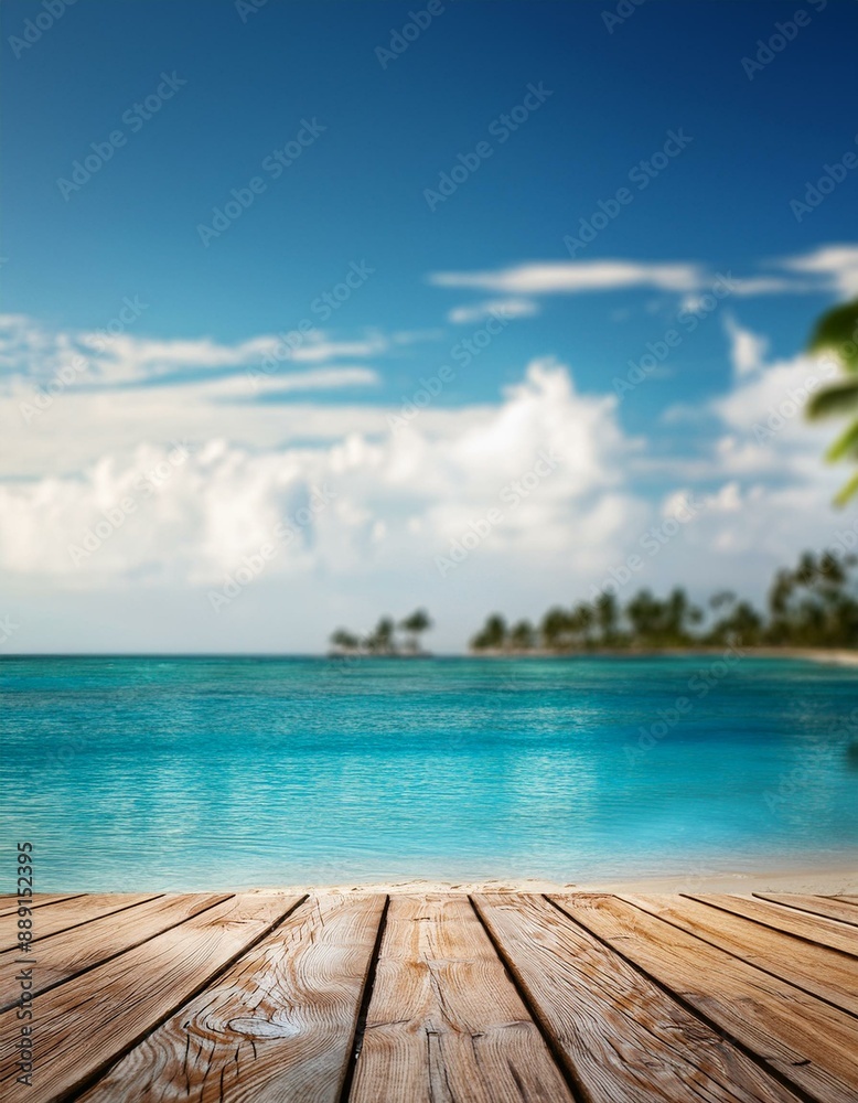 Fototapeta premium Wooden Table with Tropical Beach Background