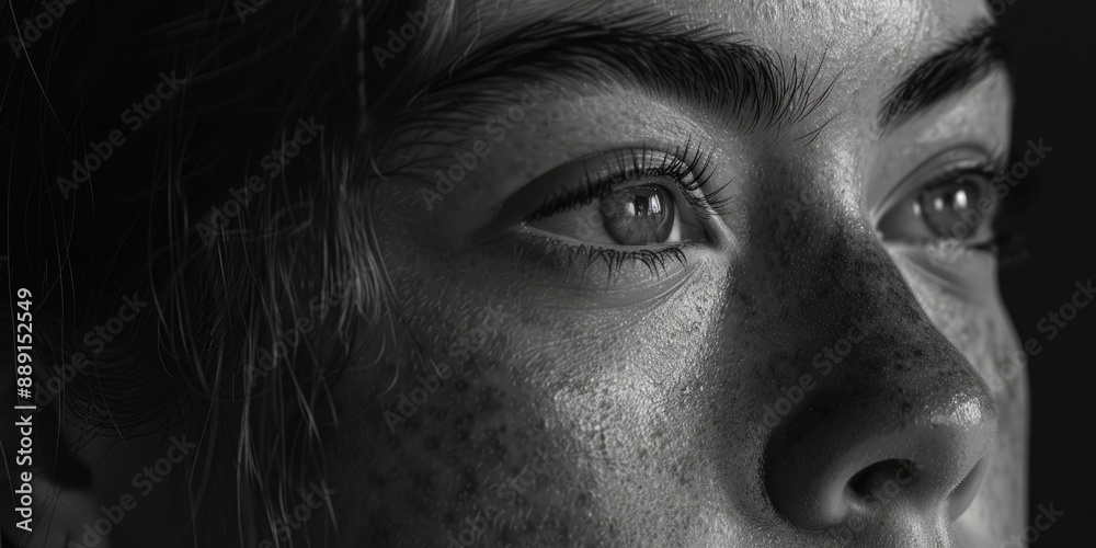 A close-up shot of a woman's face featuring freckles, ideal for use in editorial or commercial content focusing on beauty, fashion, or lifestyle A close-up shot of a woman's face featuring freckles, ideal for use in editorial or commercial content focusing on beauty, fashion, or lifestyle