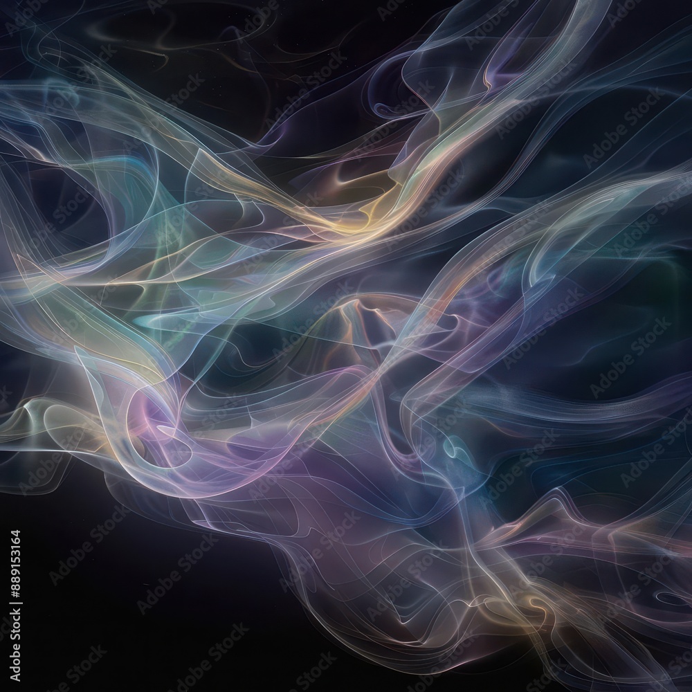 swirling tendrils of iridescent smoke against deep black background creating ethereal abstract patterns swirling tendrils of iridescent smoke against deep black background creating ethereal abstract patterns