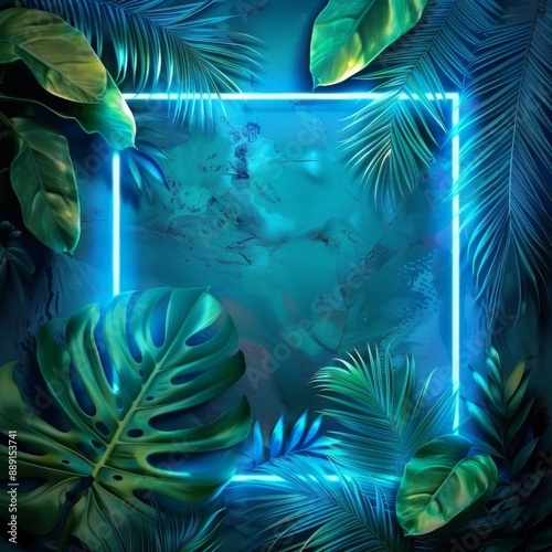 Green and Blue Neon Light with Tropical Leaves and a Square in the Middle.