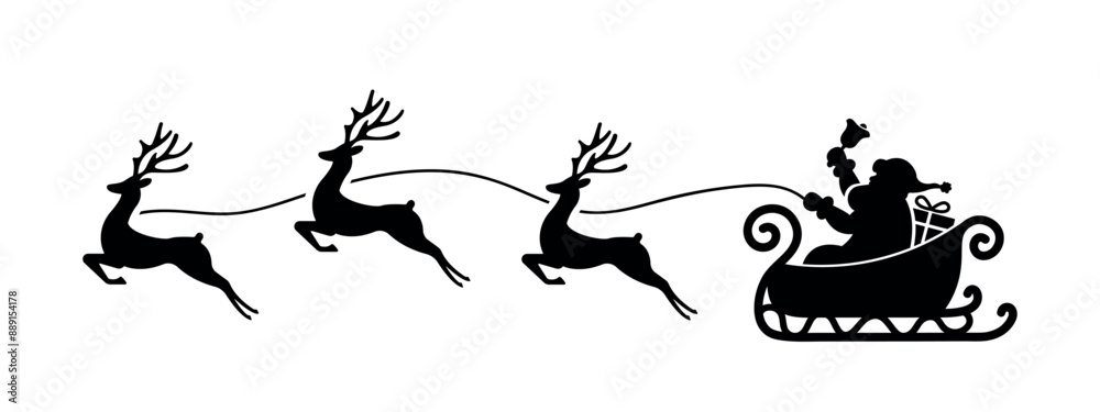 santa sleigh and reindeer black filled silhouette, christmas day symbol, vector illustration santa sleigh and reindeer black filled silhouette, christmas day symbol, vector illustration