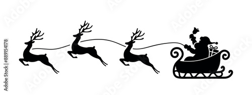 santa sleigh and reindeer black filled silhouette, christmas day symbol, vector illustration