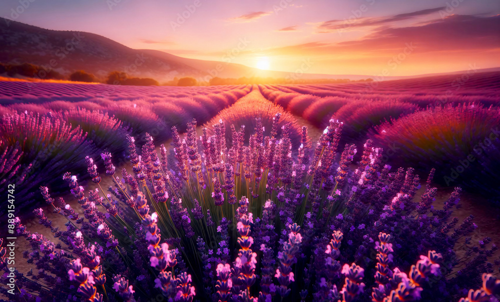 Fototapeta premium Blühendes Lavendelfeld im Sonnenuntergang, blur, copy space