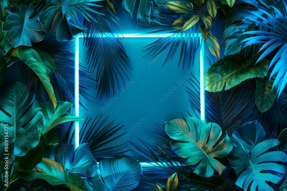 Green and Blue Neon Light with Tropical Leaves and a Square in the Middle. Green and Blue Neon Light with Tropical Leaves and a Square in the Middle.