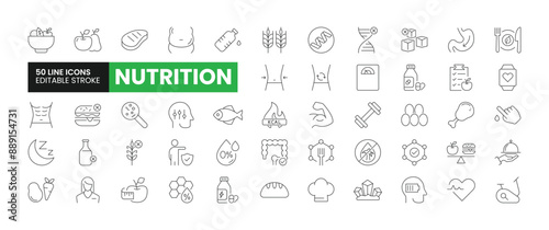 Set of 50 Nutrition line icons set. Nutrition outline icons with editable stroke collection. Includes Fruits, Vegetables, Sugar-Free, Balanced Diet, Proteins, and More.