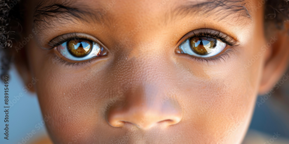 Naklejka premium Close-up portrait of a child's face, highlighting their reflective and soulful eyes, showcasing innocence and wonder.