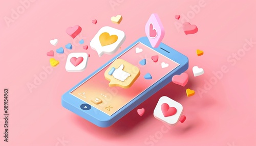 Image of a phone from which emoticons are viping, concept of social development