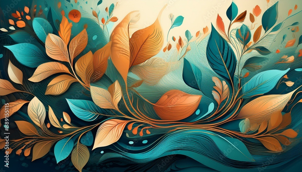Artistic representations of nature using natural elements leaves, flowers, and water in abstract forms Artistic representations of nature using natural elements leaves, flowers, and water in abstract forms