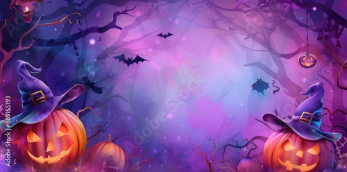 Halloween background with pumpkins, purple color, cartoon style, clip art for graphic design on white background, banner frame border design illustration, halloween decoration with pumpkin and witch
