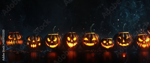 Dark background, a row of glowing pumpkins with carved faces on a wall, a halloween concept, a banner design, high resolution photography, insanely detailed and intricate, hyper realistic, isolated photo