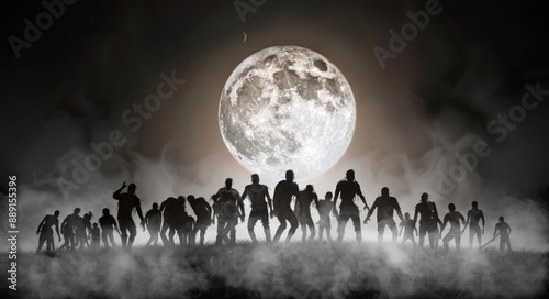 halloween background with zombie silhouettes in fog and full moon in the sky, halloweencore concept, creepy huge group of zombies rising from ground at night, huge army of walking dead people