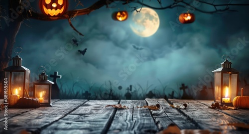 Halloween background with spooky graveyard, wooden table top and lanterns. Halloween night scene for product display montage. Scary moonlight sky and illuminated cemetery in the backround. Realistic