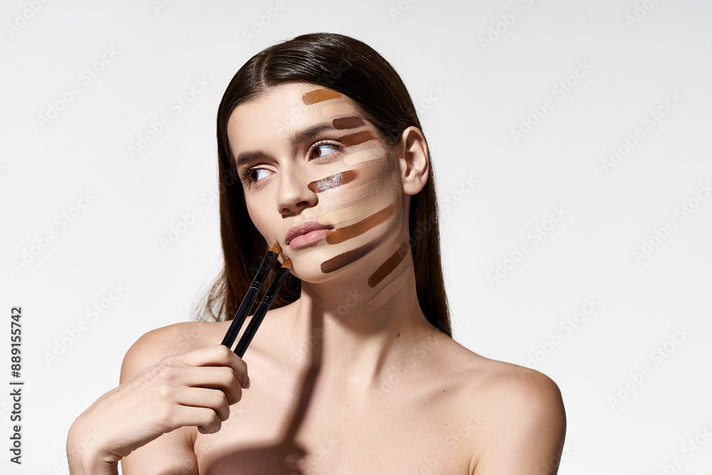 Obraz premium Tasteful woman with various makeup brushes on her face, creating a creative and artistic look with foundation.
