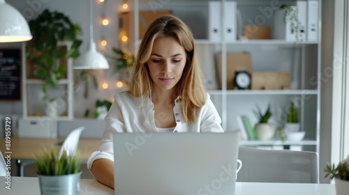 Young woman working on a laptop in a bright, modern office space with plants and shelves in the background. © Atlantist studio