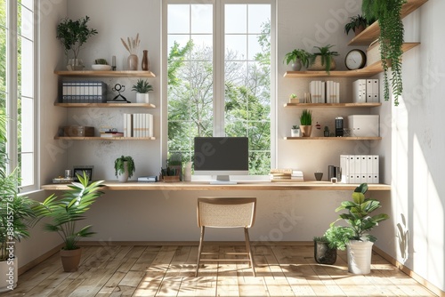 Home Office with Simple Shelves and Natural Light: A minimalist home office mockup with clean shelves and ample natural light.