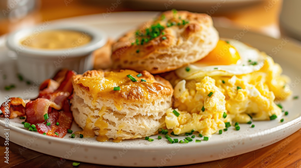 Classic American breakfast with biscuits, scrambled eggs, bacon, and chives on a white plate Classic American breakfast with biscuits, scrambled eggs, bacon, and chives on a white plate