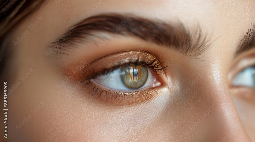 Fototapeta premium Close-up of woman's eye with gold eyeshadow and natural lashes