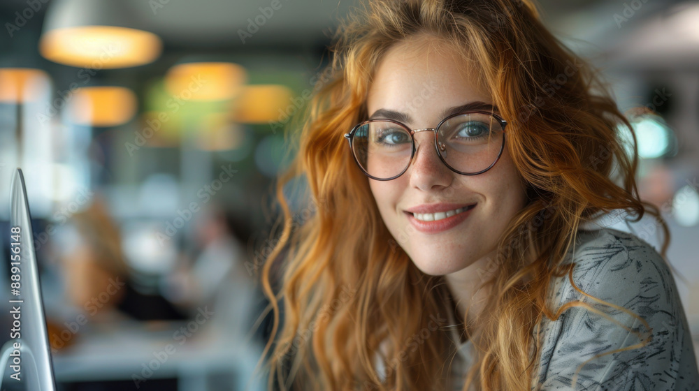 A smiling young woman with red hair and glasses is seated in an office, showcasing a friendly and approachable demeanor.