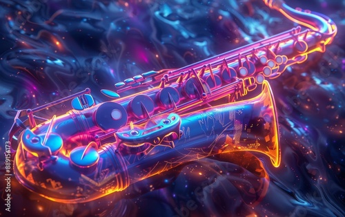 Innovative neon-lit baritone saxophone with vibrant double exposure photo