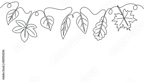 Garland of autumn leaves in one line. Vector of a continuous line of leaves of different shapes