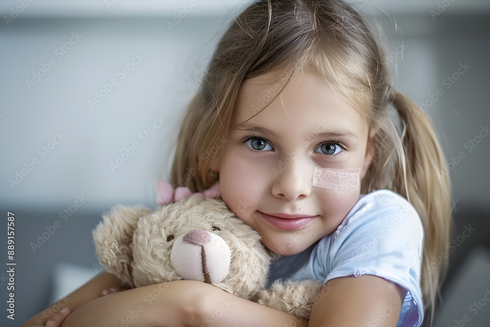 Girl with plaster on arm hugging teddy Girl with plaster on arm hugging teddy