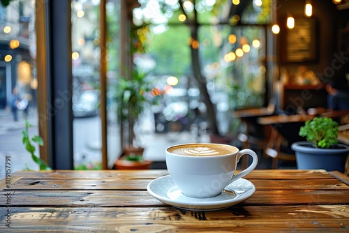 Photograph of a cup of coffee on a wooden counter