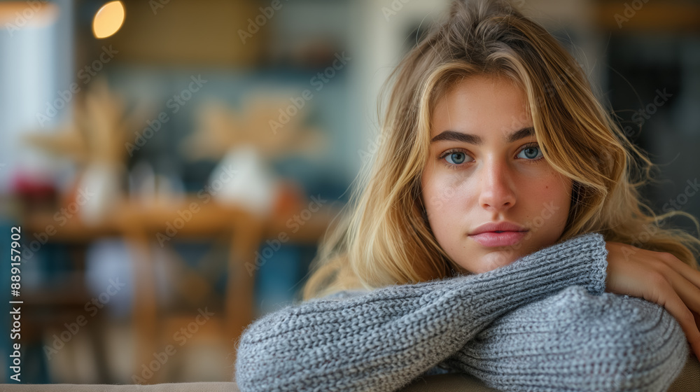 Young woman in a cozy setting, resting her chin on her arms, with a calm, reflective expression, evoking a sense of tranquility. Young woman in a cozy setting, resting her chin on her arms, with a calm, reflective expression, evoking a sense of tranquility.