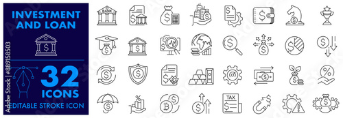 Investment, Finance and Loan Editable Stroke Icon. Included Investment, Education Loan, Performance, Safe Locker, Real Estate, Management and More