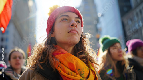 A young woman with a red beanie and colorful scarf participates in an outdoor rally on a sunny day.