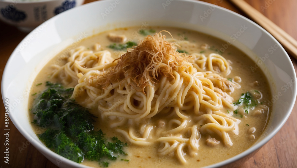 Bowl of creamy Ramen Carbonara with garnish and spinach Bowl of creamy Ramen Carbonara with garnish and spinach