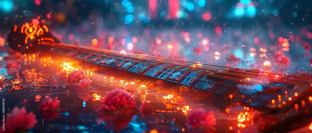 Fototapeta premium Futuristic Spaceship Landing in Field of Glowing Flowers