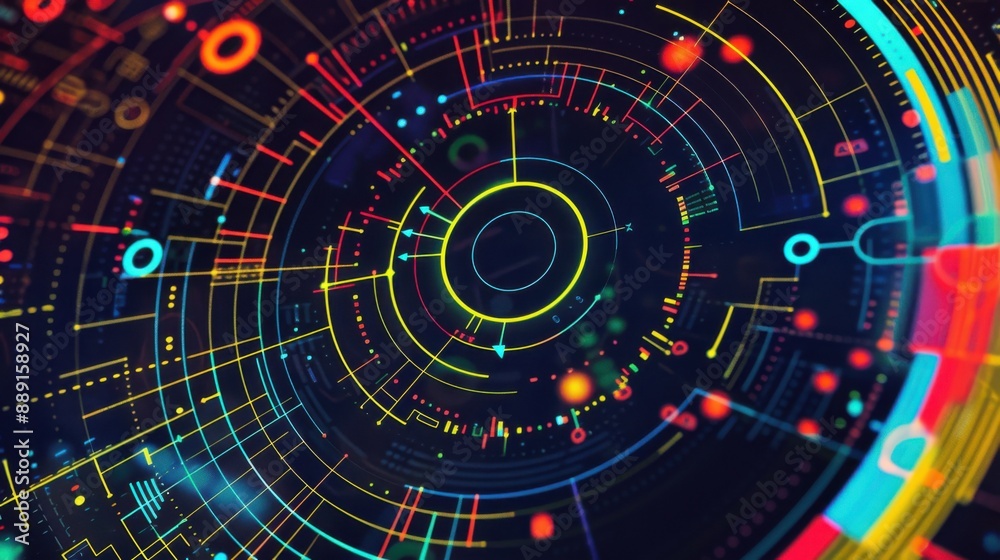 Futuristic digital interface with colorful geometric patterns and glowing elements, showcasing advanced technology and data visualization. Futuristic digital interface with colorful geometric patterns and glowing elements, showcasing advanced technology and data visualization.