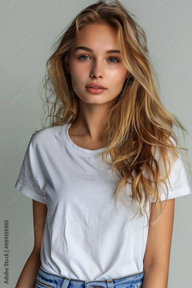 White tshirt mockup on woman model created with Generative AI White tshirt mockup on woman model created with Generative AI