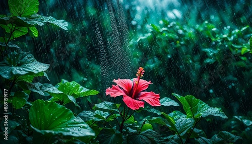 Rain Falling Over Hibiscus Flowers photo