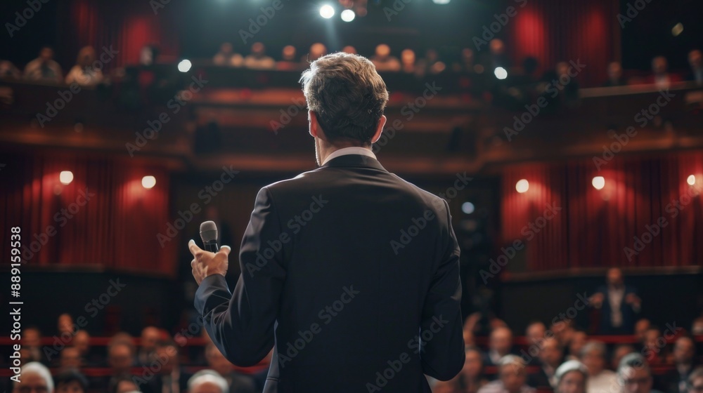 Abstract Image of a Businessman Giving a Presentation on Stage at a Board Meeting. Corporate Work Environment with Soft or Blurred Figures. High-Quality AI-Generated 4K Wallpaper of a Man in a Suit Sp Abstract Image of a Businessman Giving a Presentation on Stage at a Board Meeting. Corporate Work Environment with Soft or Blurred Figures. High-Quality AI-Generated 4K Wallpaper of a Man in a Suit Sp