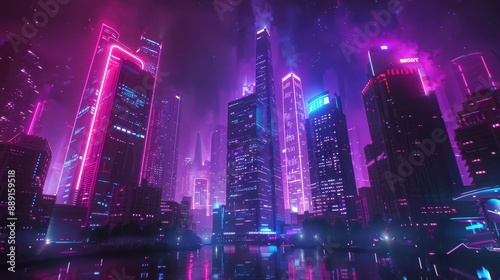 Panoramic view of a futuristic city skyline at night, illuminated by neon lights in blue and pink, creating a cyberpunk aesthetic with skyscrapers and advanced technology.