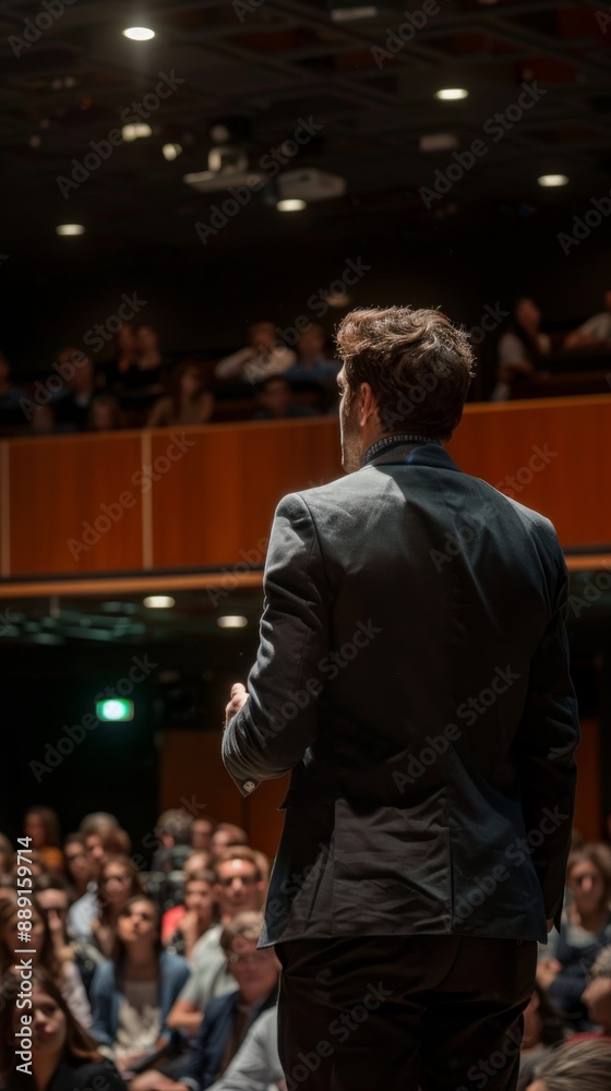 Abstract Image of a Businessman Giving a Presentation on Stage at a Board Meeting. Corporate Work Environment with Soft or Blurred Figures. High-Quality AI-Generated 4K Wallpaper of a Man in a Suit Sp Abstract Image of a Businessman Giving a Presentation on Stage at a Board Meeting. Corporate Work Environment with Soft or Blurred Figures. High-Quality AI-Generated 4K Wallpaper of a Man in a Suit Sp