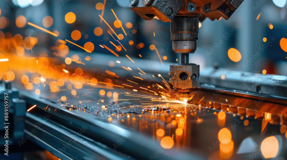 An industrial drill emits bright sparks while cutting through metal in a manufacturing setting.