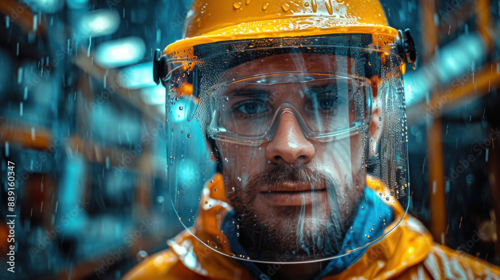 A worker with safety goggles and a helmet stands in the rain, showcasing workplace safety in a wet industrial environment. A worker with safety goggles and a helmet stands in the rain, showcasing workplace safety in a wet industrial environment.
